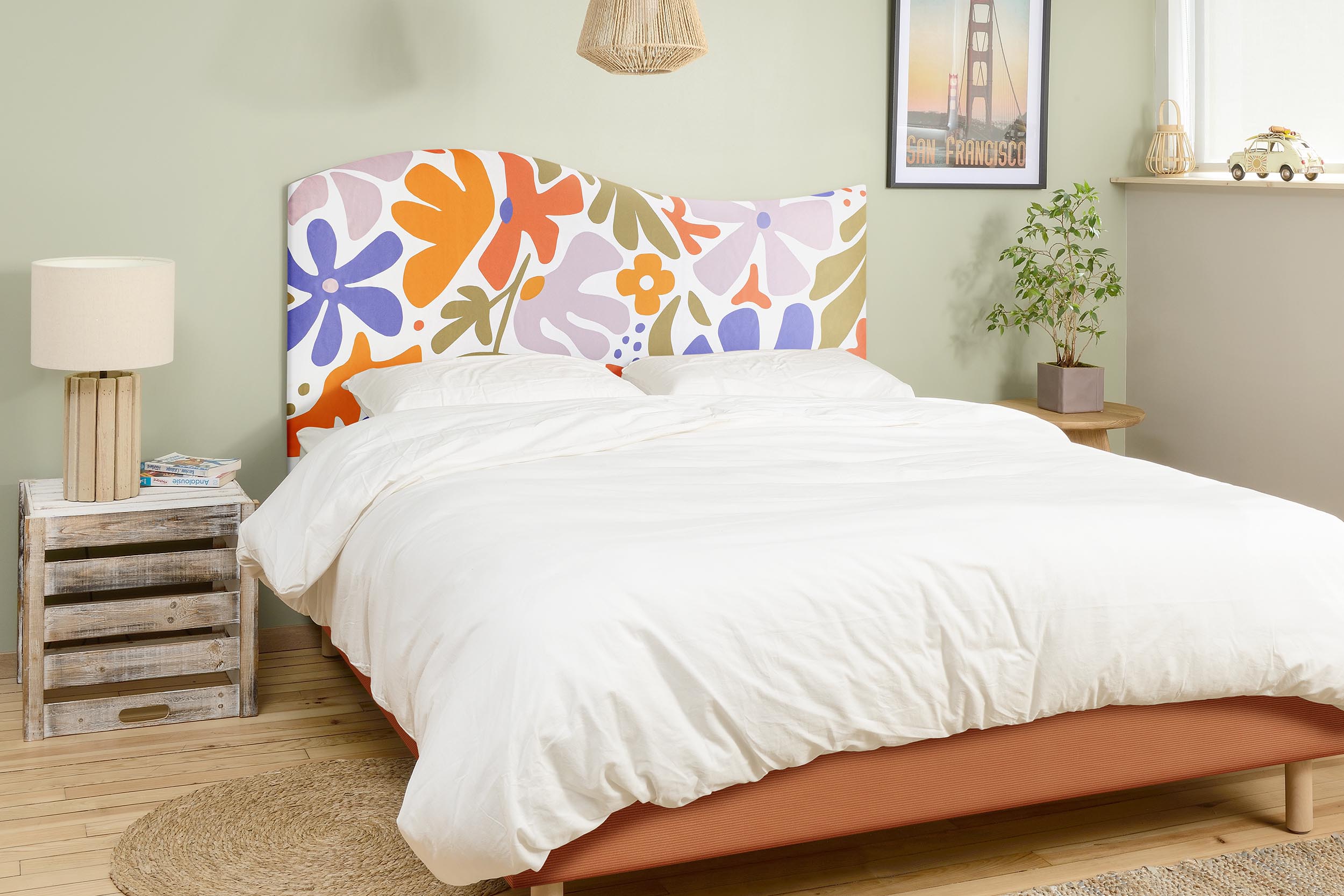 tete de lit illustrée motif fleur tissu